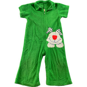 Vintage Baby Terrycloth Romper Green Puppy Dog Embroidered Zip Bath Time 12mths